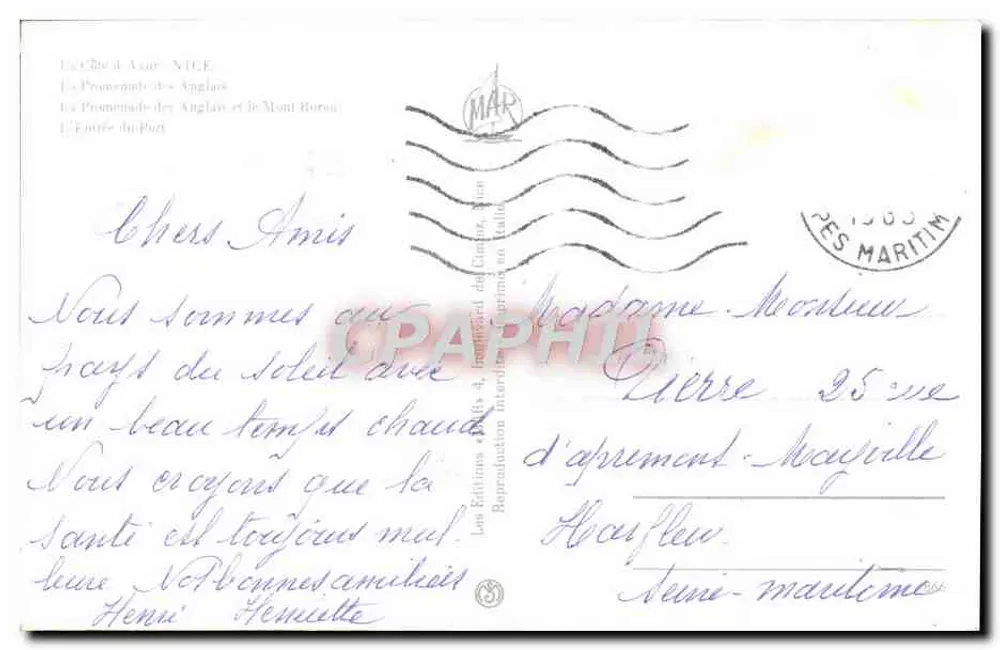 Nice — vista da Promenade des Anglais e do porto — editor Les Éditions A. B. 4, Impressão na Itália - Verso