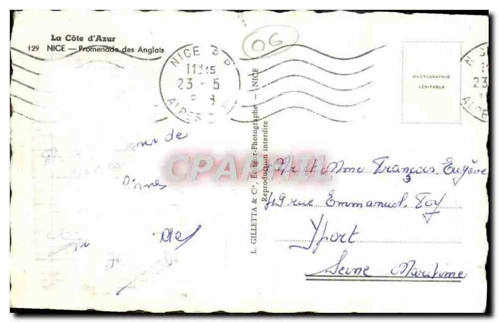 Vue de la Promenade des Anglais à Nice — éditeur L. Gilletta & Cie, n°129 - Verso
