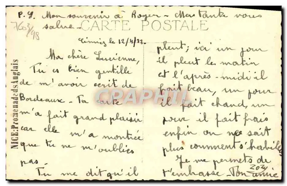 Vista da Promenade des Anglais em Nice — editor NICE: Promenade des Anglais, n° 763/98 - Verso