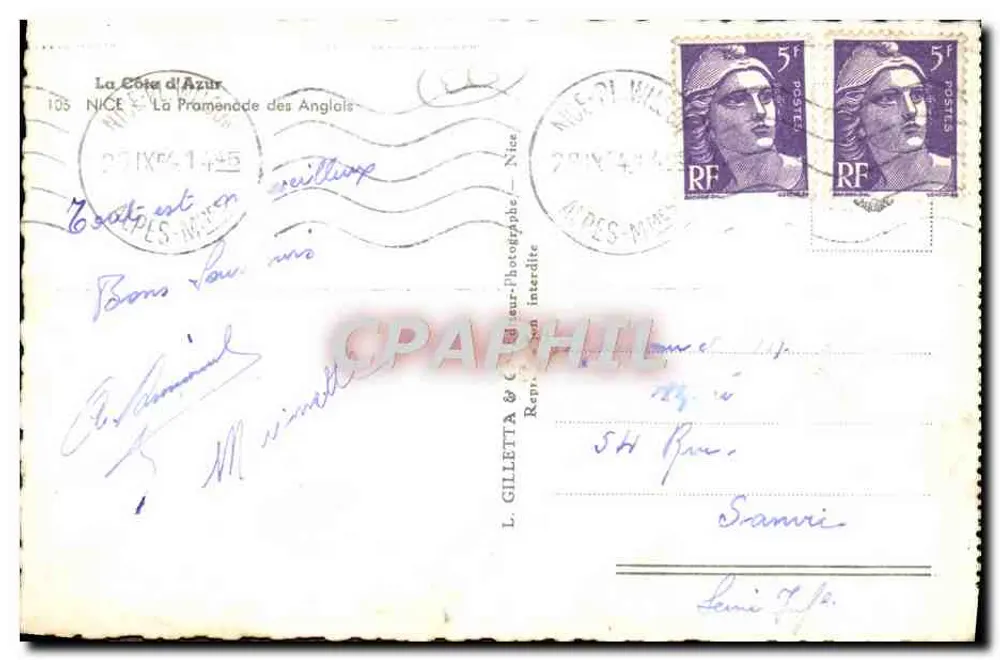 La Côte d'Azur — La Promenade des Anglais — L. Gilletta & Cie, NICE - Verso