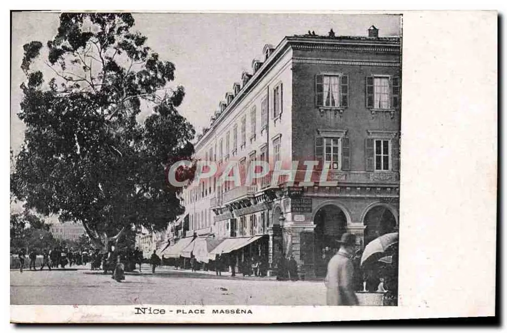 Nice - Praça Masséna — vista da praça com edifício com arcos e grande árvore — editor desconhecido, número de série não visível - Frente
