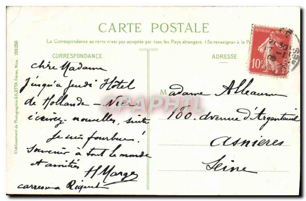 NICE — Promenade du Midi, les Ponchettes — Edição Giletta, fot., Nice. - Verso