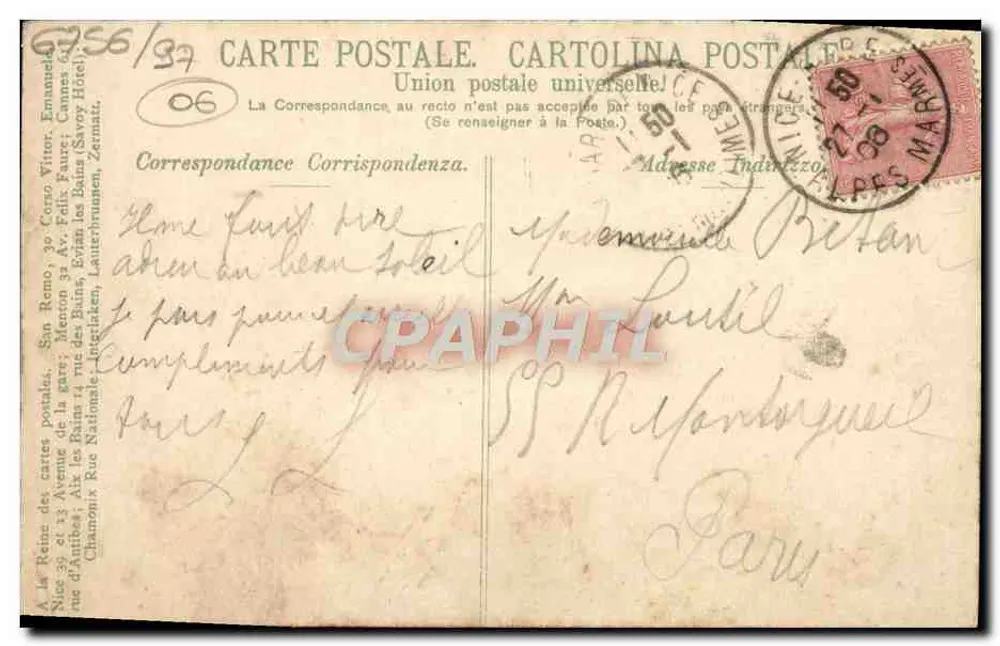 Nice — Die Promenade des Anglais mit der Bucht der Engel — Verlag 'Union postale universelle' Nr. 6907 - Rückseite