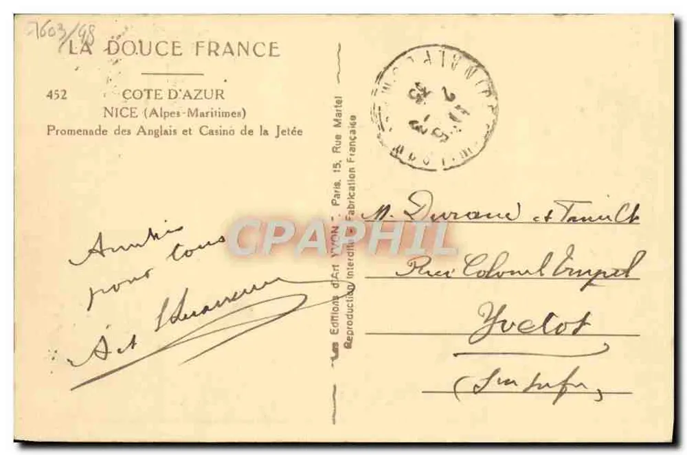 Promenade des Anglais und Casino de la Jetée — Nice — Édition d'Art Yvon - Rückseite