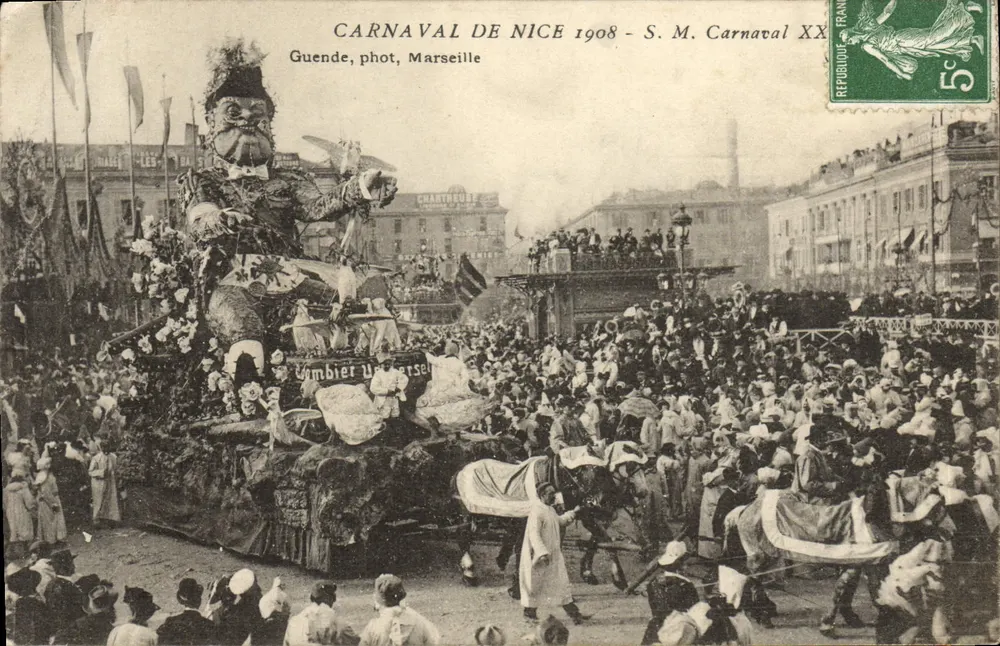 Carnaval de Nice 1908 — défilé avec géant et cortège — Guende, phot, Marseille - Frente