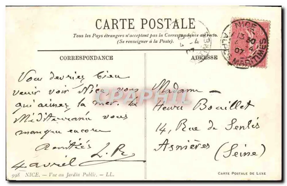 Nice — Vista no Jardim Público — Carte Postale de Luxe n°998 - Verso