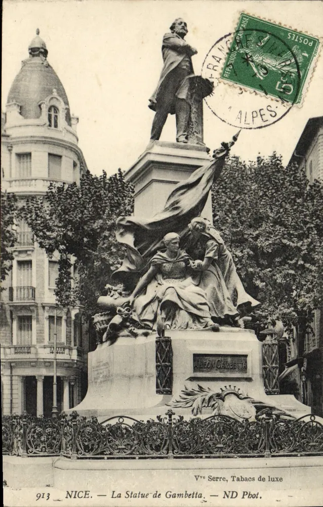 Nice — A Estátua de Gambetta — V° Serre, Tabacs de luxe, n° 913 - Frente