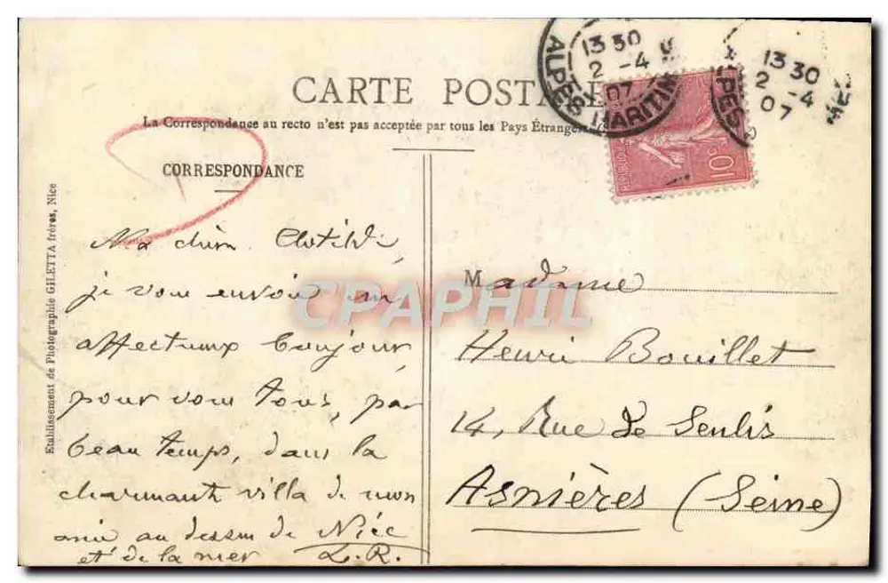 NICE - Promenade dos Ingleses e Jetée - Coleção Artística 25 - Edição Giletta, fot. Nice - Verso