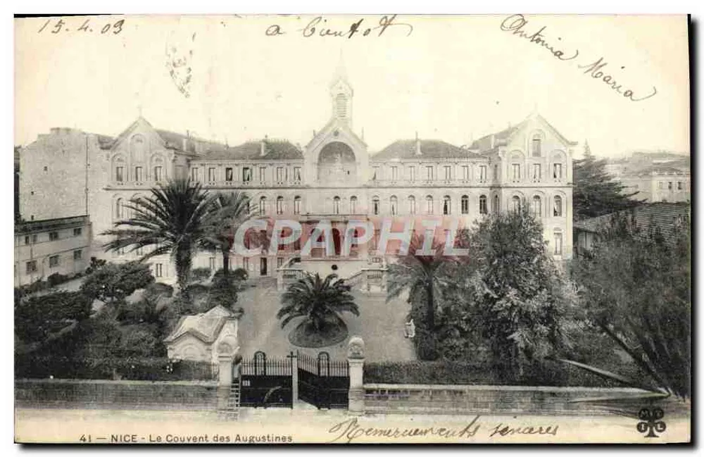 NICE - O Convento das Augustinas — vista do edifício e do jardim com palmeiras — editor anônimo, n° 41 - Frente