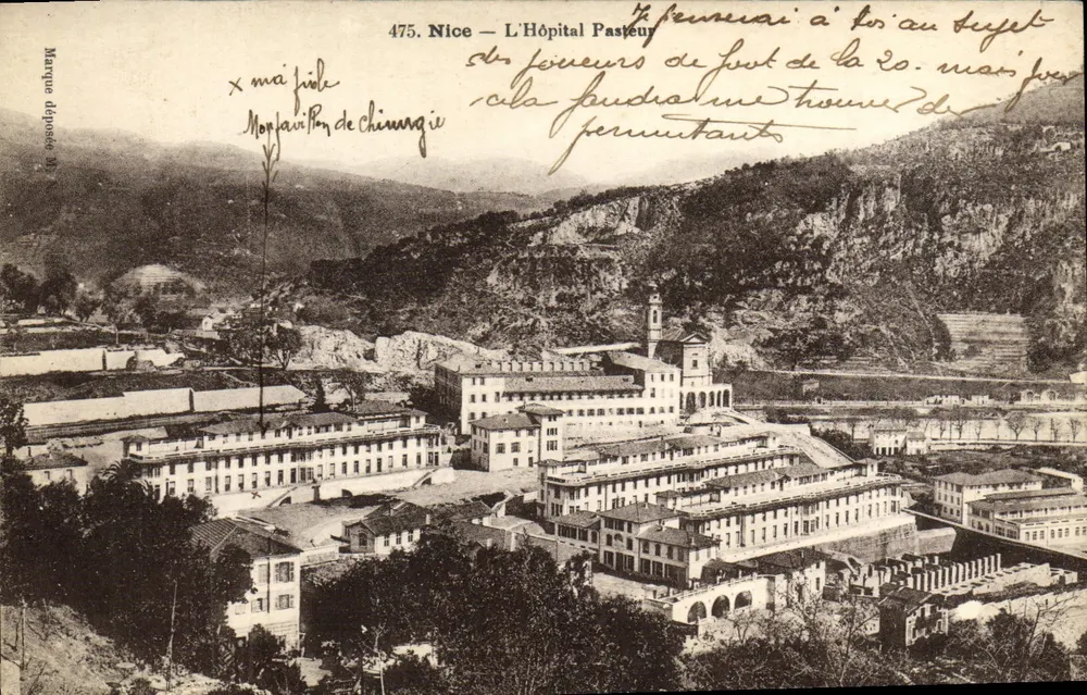 Nice — O Hospital Pasteur — vista panorâmica com escrita à mão - Frente