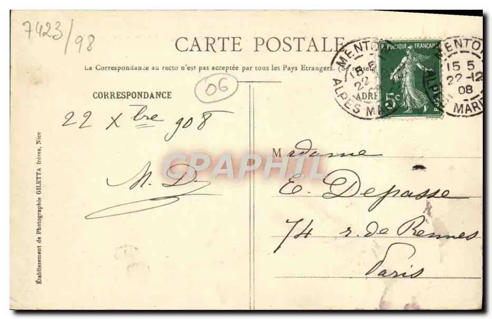 Panorama do Cap Martin - Cabbé-Roquebrune-Menton — Coleção Artística, n° 967 - Verso