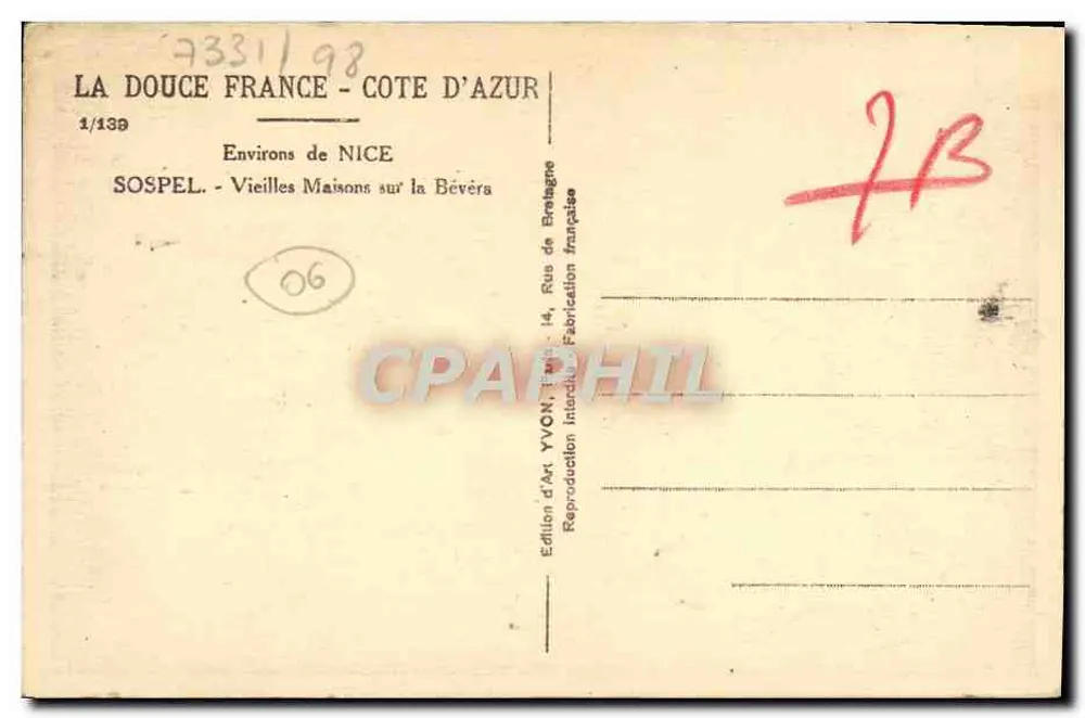 Sospel — Vieilles Maisons sur la Bévéra — Édition d'Art YVON, Nice - Verso