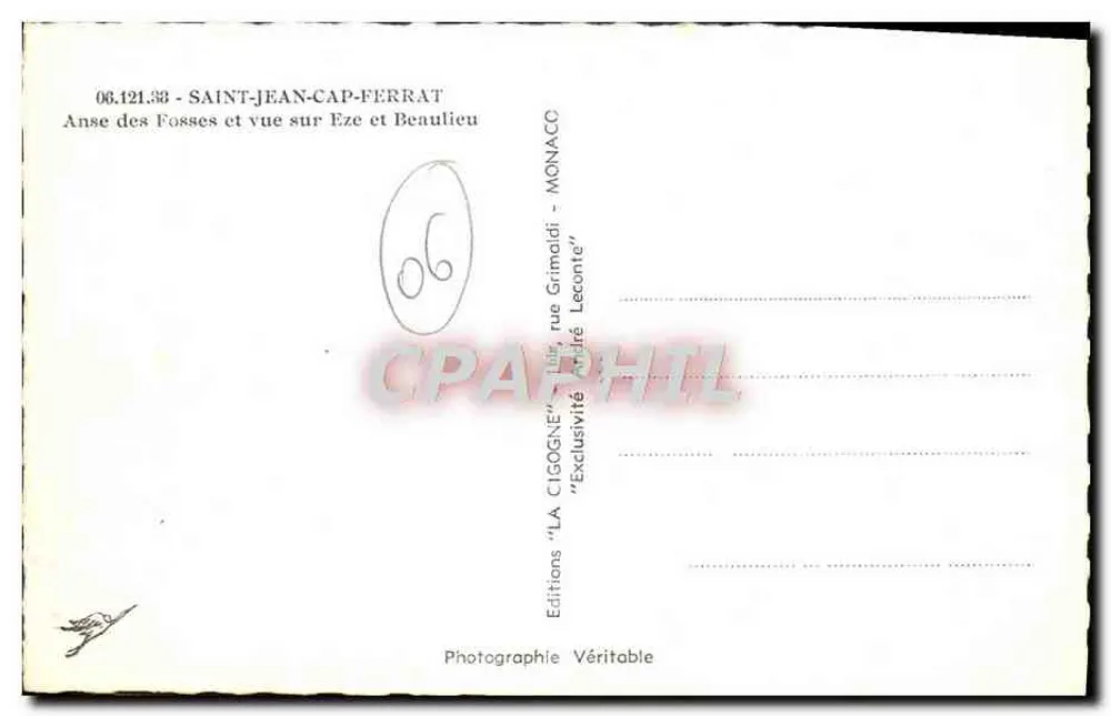 Anse des Fosses et vue sur Eze et Beaulieu — Saint-Jean-Cap-Ferrat — Editions 'LA CIGOGNE' - Verso