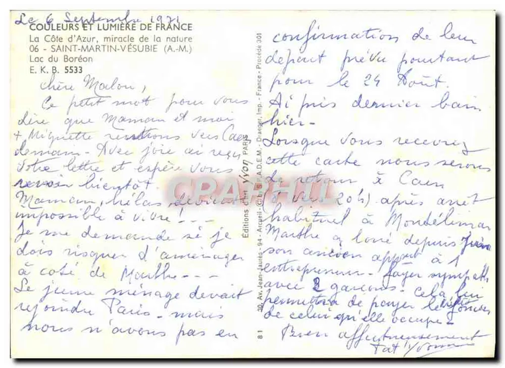 Lac du Boréon — Saint-Martin-Vésubie (A.M.) — Edities Jean-Lautrec, 30, Av. Jean-Jaurès, Parijs - Achterkant