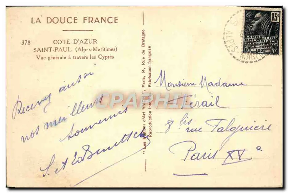 Saint-Paul (Alpes-Maritimes) — Allgemeiner Blick durch die Zypressen — Éditions d'Art Yvonne, Nr. 378 - Rückseite