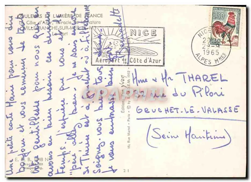 Porto de Villefranche-sur-Mer — vista do porto com o 'Come Hotel' — Éditions Yvon, N° 314 - Verso