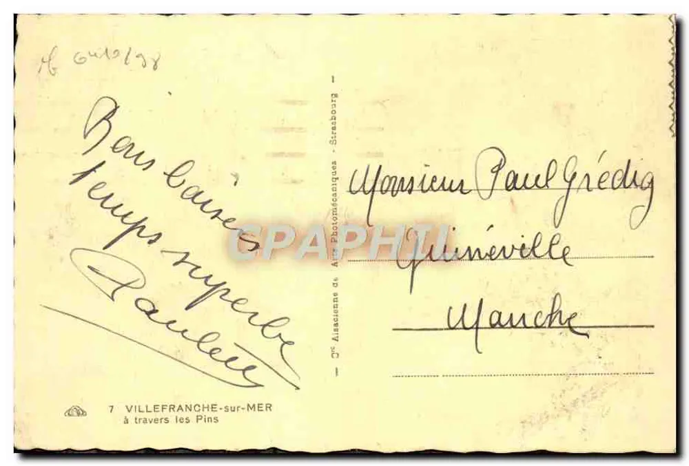 Villefranche-sur-Mer — à travers les Pins — éditeur : 7e Ancienne de Arts Photodécaniques - Strasbourg - Verso