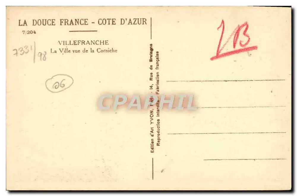 Villefranche - Côte d'Azur — Vue de la Corniche — Édition d'Art Yvon, Paris - Verso