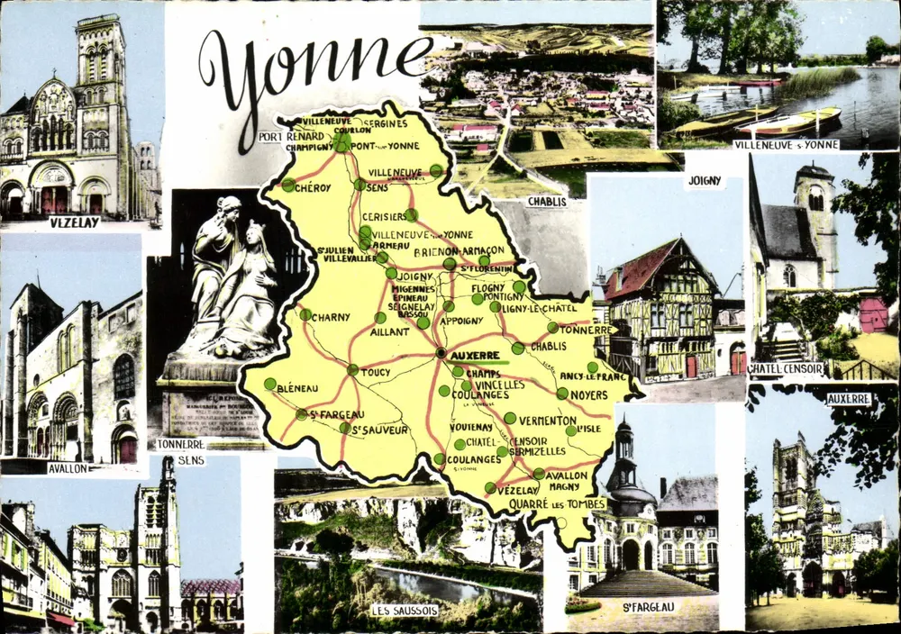 Yonne — Carte postal turística com mapa e vistas — Editor CIM, série 93 - Frente