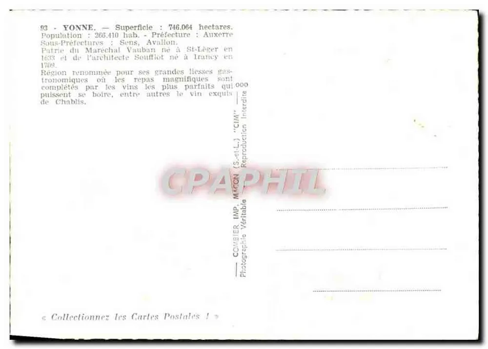 Yonne — Carte postal turística com mapa e vistas — Editor CIM, série 93 - Verso