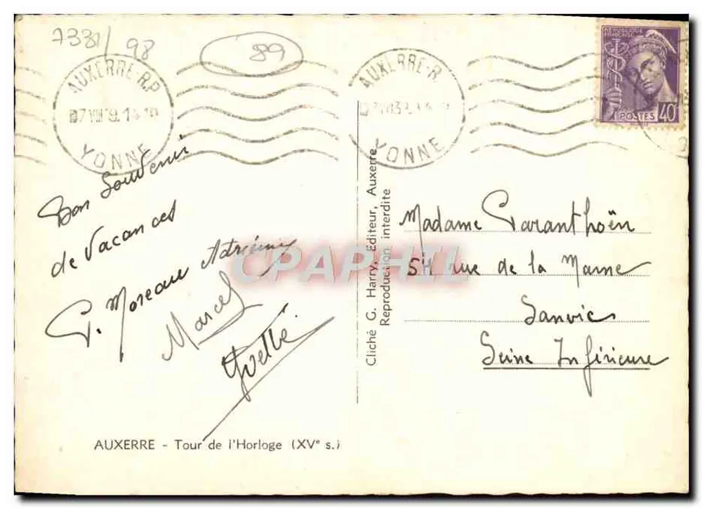 AUXERRE - Torre da Hora (século XV) — G. Harry, Editor, Auxerre - Verso