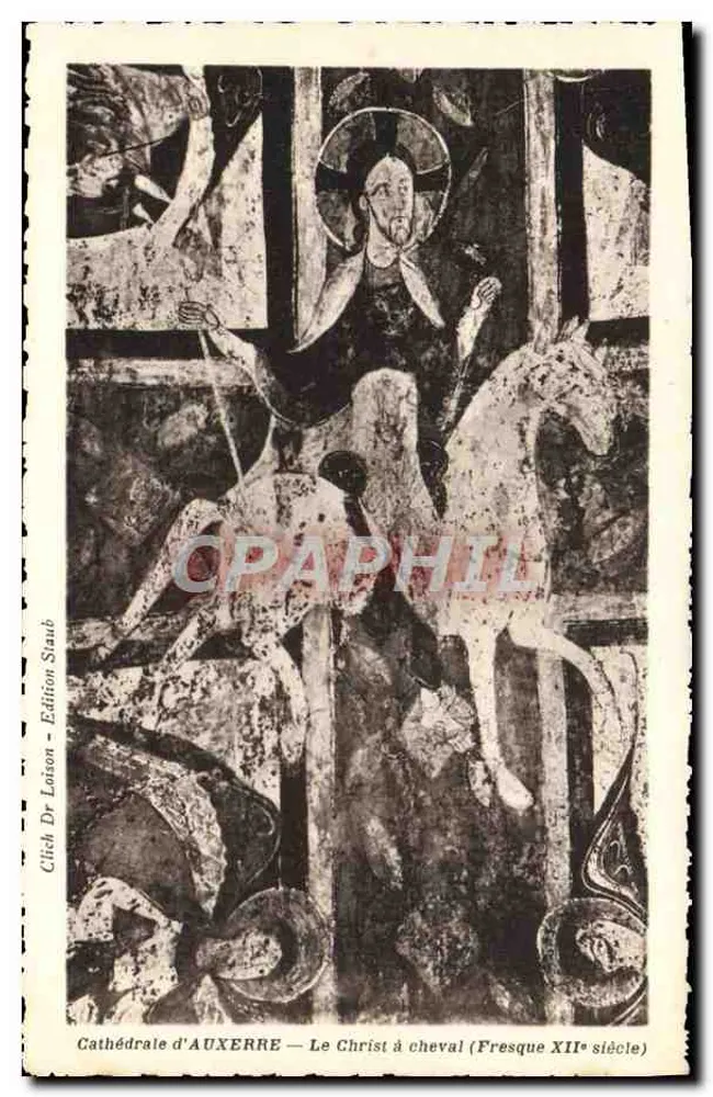 Catedral de AUXERRE — O Cristo a cavalo (Fresco do século XII) — Cliché Dr Loison - Edição Staub - Frente