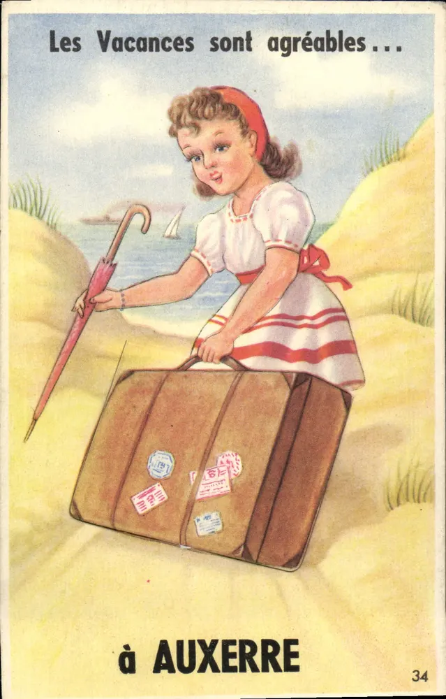 Ragazza con valigia alla spiaggia — Le Vacanze sono piacevoli... a AUXERRE — n°34 - Recto