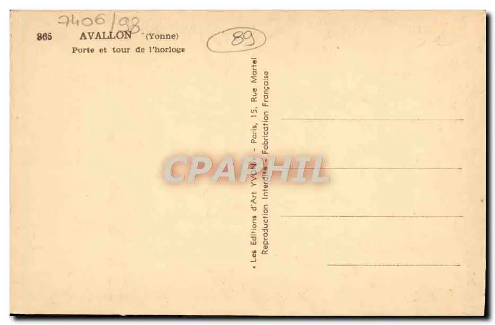 Avallon — Tor und Uhrenturm — Les Éditions d'Art Yvonne - Rückseite