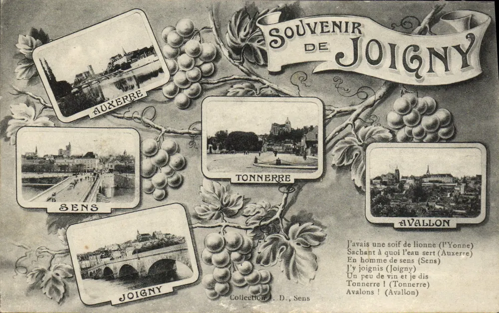 Joigny — Souvenir de Joigny avec vignes et vues de Sens, Auxerre, Tonnerre, Avallon — Collection D., Sens - Vorderseite