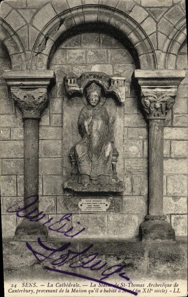 Sens — Die Kathedrale — Die Statue des Heiligen Thomas, Erzbischofs von Canterbury, aus dem Haus, das er in Sens bewohnte (Ende des 12. Jahrhunderts) — LL - Vorderseite