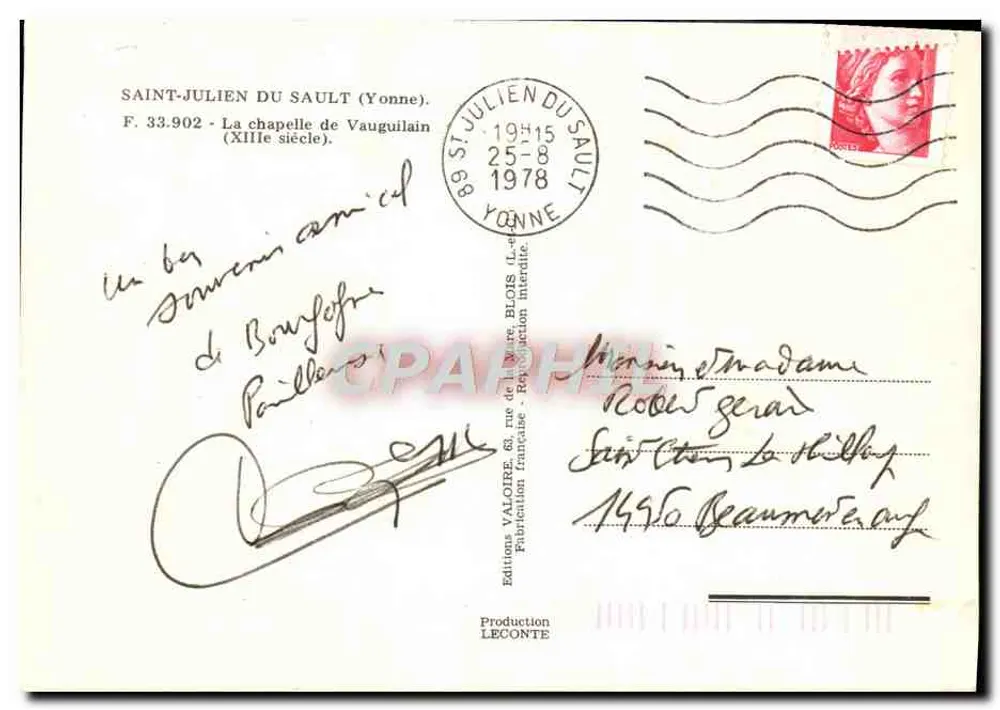 Saint-Julien-du-Sault — Kapelle Vauguilain (13. Jahrhundert) — Éditions Valoire, Nr. F.33.902 - Rückseite
