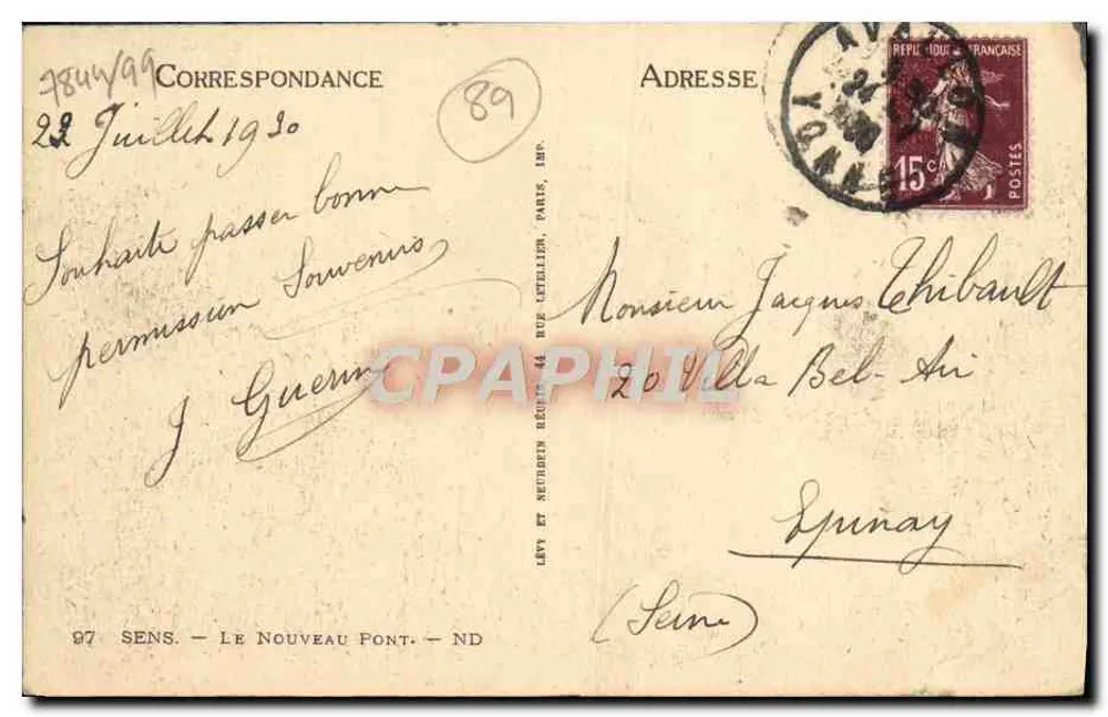 Sens — Le Nouveau Pont — vue sur la ville et la Seine — éditeur LÉVY ET NEUBEREN, PARIS, IMP. - Verso