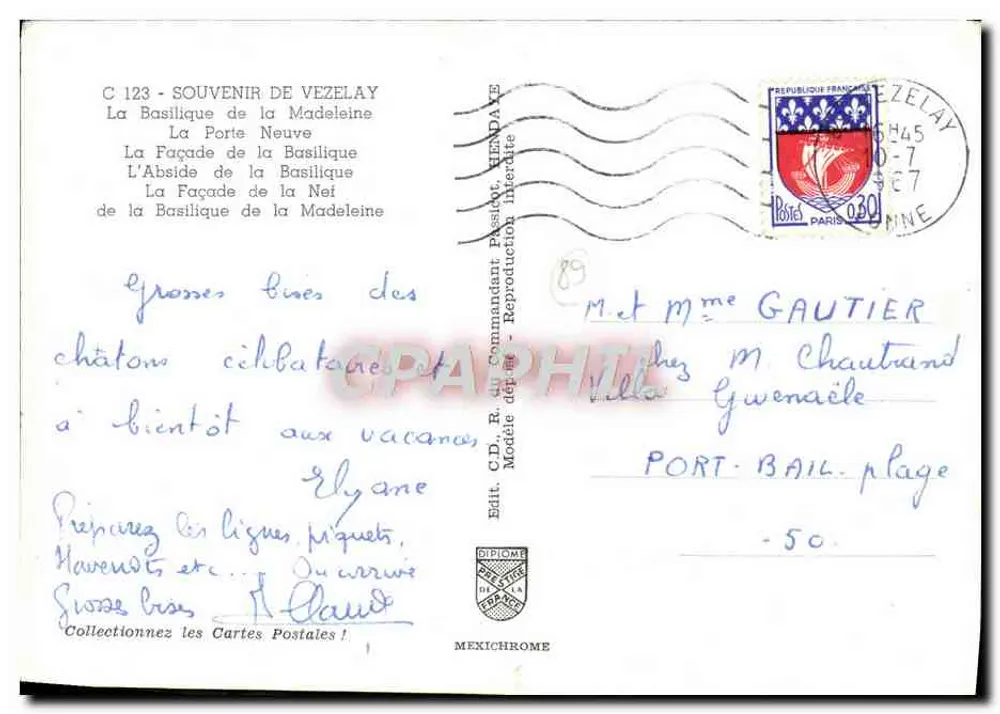 Vézelay — Lembrança da Basílica e de seus monumentos — Editor Mexichrome, n° C 123 - Verso