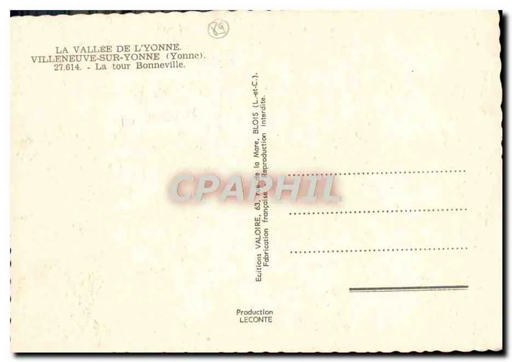 Turm Bonneville — Villeneuve-sur-Yonne (Yonne) — Editions Valoire - Rückseite