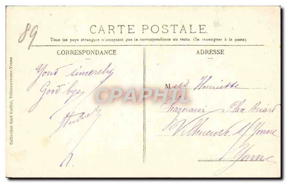 Souvenir — Villeneuve-sur-Yonne — Verlag nicht sichtbar - Rückseite