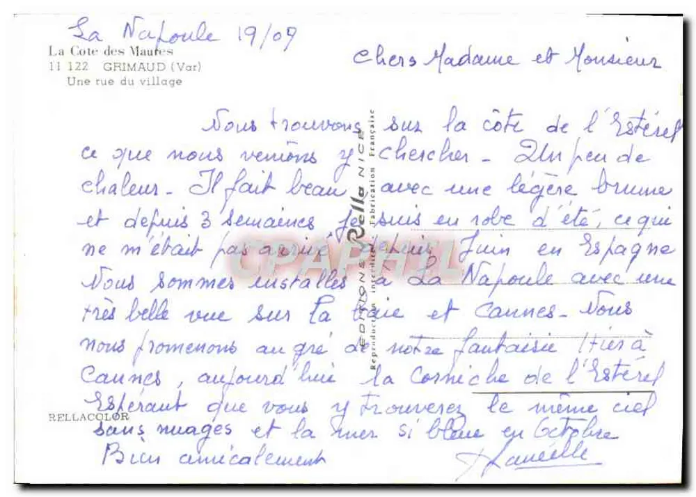La Napoule — Blick auf die Ostküste von Estérel — Verlag Rellacolor - Rückseite