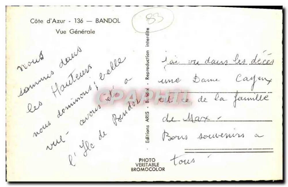 BANDOL — Vue Générale — Éditions ARIS - Achterkant