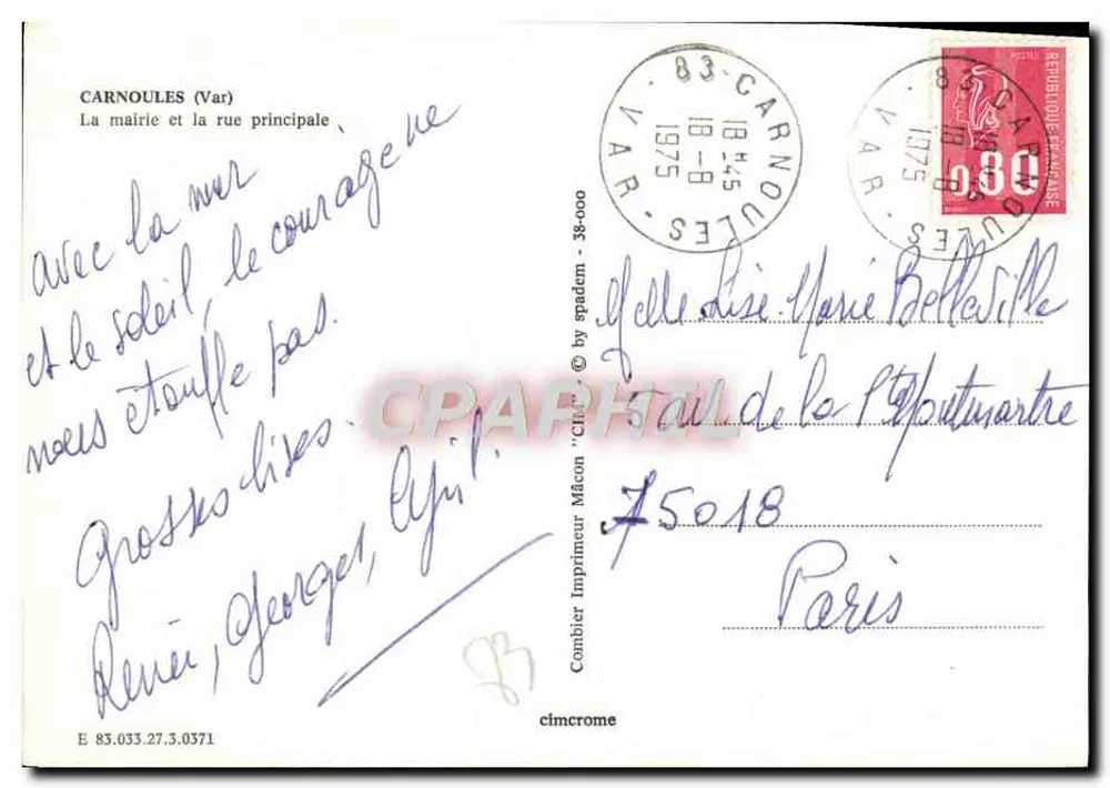Carnoules (Var) — Rathaus und Hauptstraße — Drucker Combier, n° E 85.033.27.30371 - Rückseite