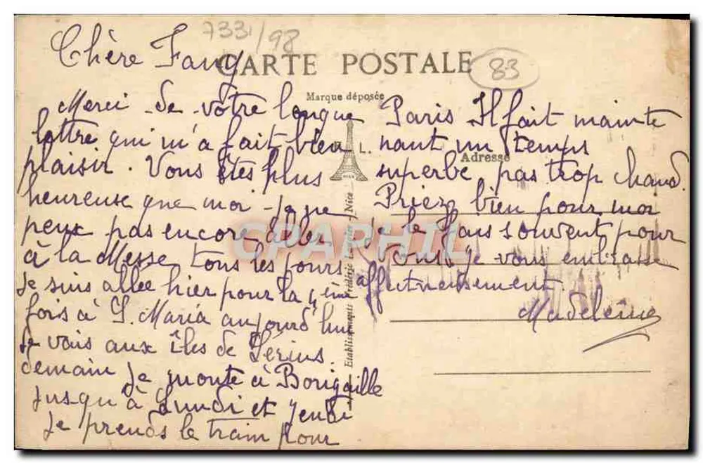 Borjigaille — Ansicht der Place Thiers und der Kirche — Verlag ANTONIET et LAPEYRE, Fayence - Rückseite
