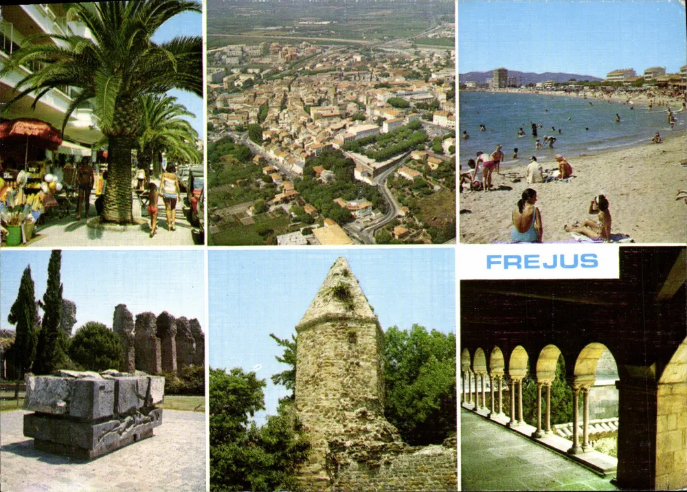Fréjus — vista aérea, praia, ruínas e monumentos — Edições Aris, n° C 1058 - Frente