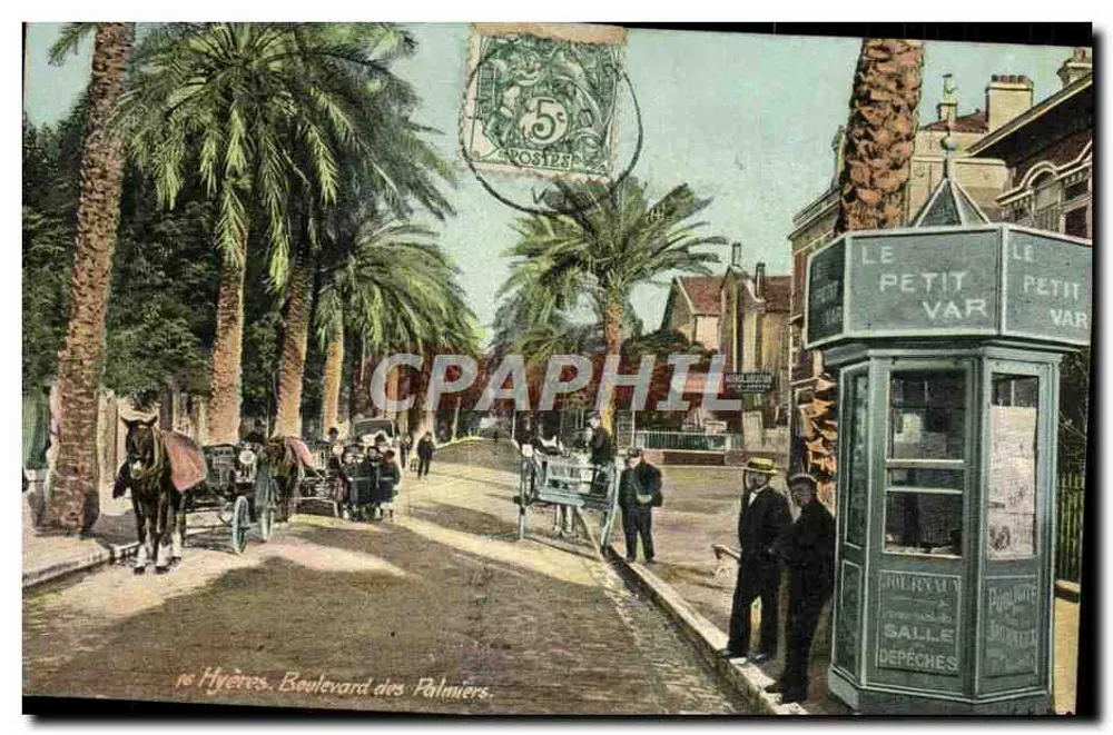 Hyères, Boulevard des Palmiers — lebendige Aussicht mit Kutsche und Kiosk — Verlag L.V. & Ch. - Vorderseite