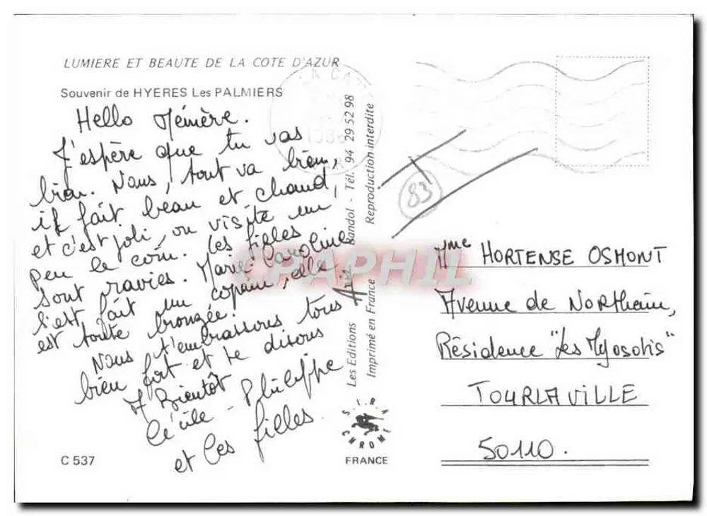 Hyères - Les Palmiers — vista panorâmica, torre da Horloge, porto e estátua — Éditions Chroni - Verso