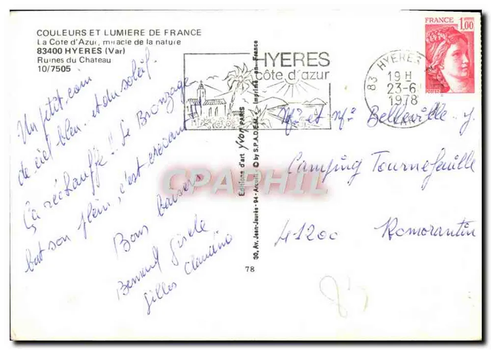 Ruínas do Castelo — Hyères, Costa Azul — Edições de Arte Yvon, n° 10/7505 - Verso