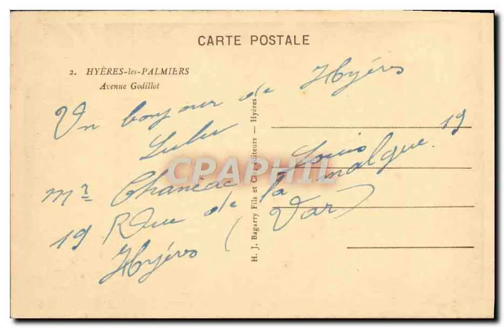 Hyères-les-Palmiers — Avenue Godillot — Verlag H. J. Bagarry Fils et Cie - Rückseite