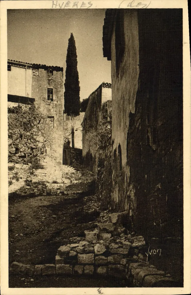 Hyères — schmale Straße mit Zypressen — Yvon (Verlag) - Vorderseite