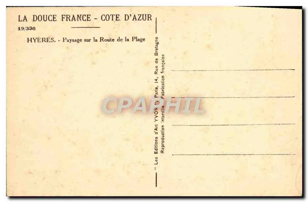 Hyères - Landschaft am Strandweg — Les Éditions d'Art YVON, Paris, n°19/336 - Rückseite