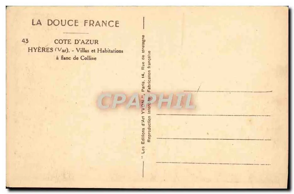 Hyères - Villas e Habitações à Ladeira da Colina — Yvon, n°43 - Verso