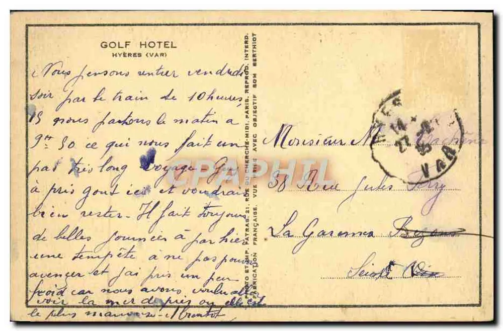 Hôtel Golf — Hyères (Var) — Patras - Verso
