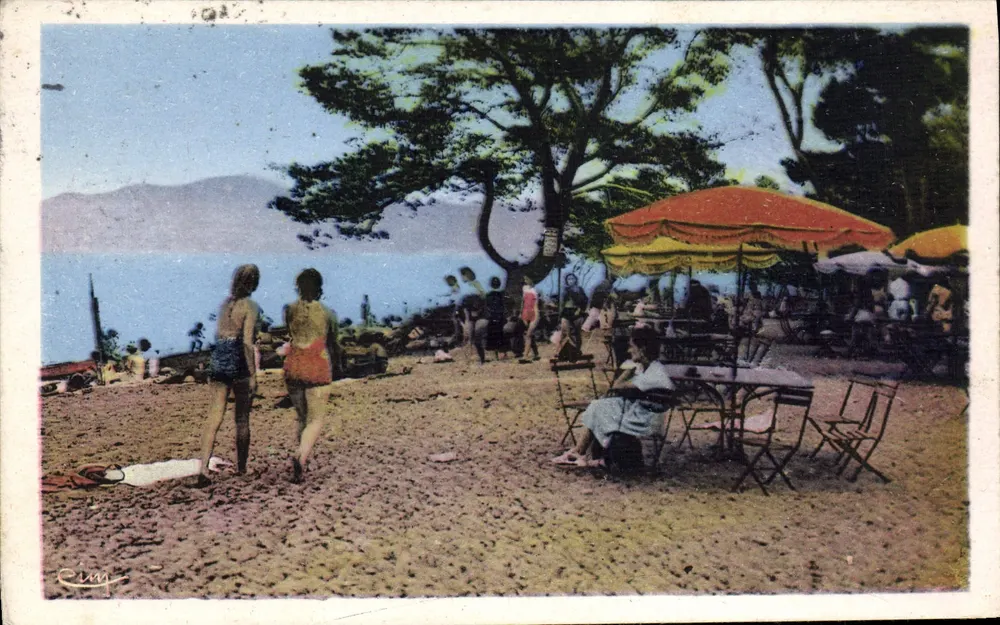 Plaża Hyères-les-Palmiers — widok kąpielących się i cienistego tarasu — Cimy - Awers