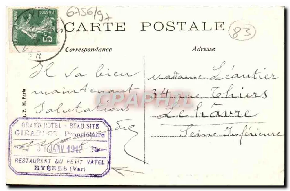 Hyères — Avenida Beauregard — Agência Geral dos jornais, Hyères - Verso